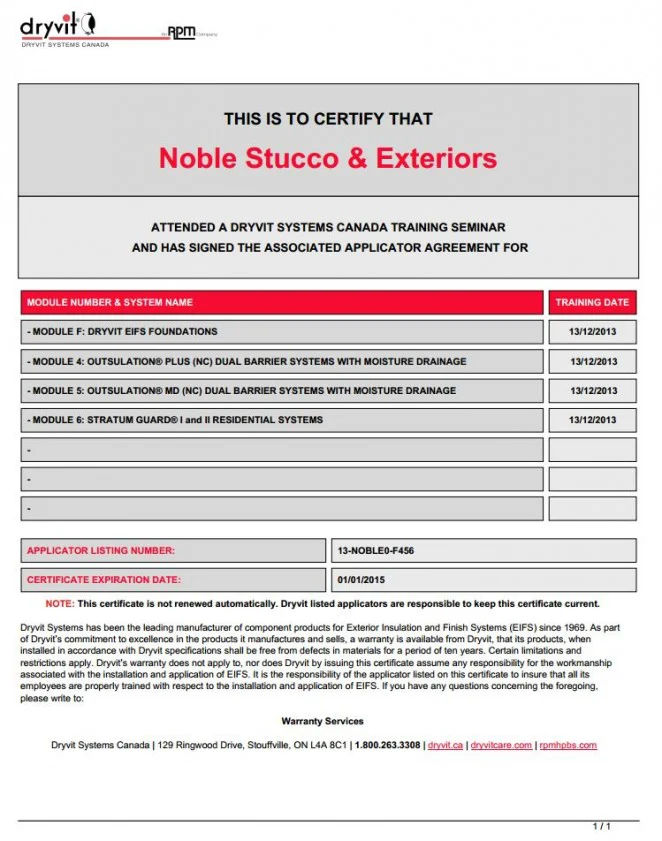 Dryvit certificate